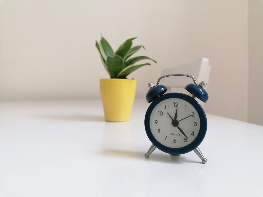 A close-up of a white surface in a room featuring a small potted plant with green leaves in a yellow ceramic pot, and a classic blue twin-bell alarm clock displaying 11:24, with a white face and black numerals. The background is softly blurred with neutral-colored walls and furnishings, suggesting a clean and tidy domestic or office environment. Visible in the scene are a few subtle reflections on the polished surface, emphasizing cleanliness, and the lighting is natural and even, highlighting the fresh, well-maintained appearance of the space. The scene is indicative of surface cleaning and maintenance, aligning with the services provided by Highbury Cleaners, as referenced on their website page about booking delays for end of tenancy cleaning in Highbury.